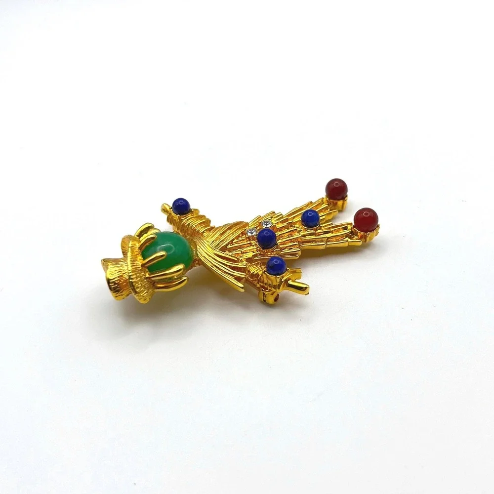 JBK Camrose & Kross Scarecrow Brooch Gold‎ Tone Green Cabochon Crystal Accent